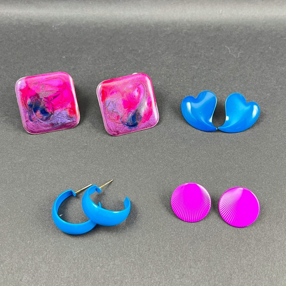 Vintage Enamel Earrings Lot 4 Pairs Purple Pink Marbled‎ Blue Retro 80s 90s